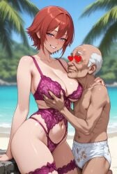 age_difference ai_generated beach big_breasts blue_eyes blue_sky cuddle cuddling dirty dirty_briefs dirty_underwear grandpa hands_on_breasts heart heart-shaped_pupils heart_symbol looking_at_viewer old_male old_man older_male older_male_and_younger_female original_character palm_tree peeping pink_lace pink_lingerie red_hair smile smiling smiling_at_viewer staring sunny touching touching_breast ugly_bastard ugly_man white_briefs