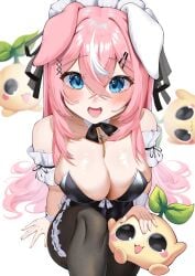 1girl animal_ears bare_shoulders blue_eyes blurry blurry_background blush bow bowtie breasts cleavage depth_of_field detached_collar dog_ears dog_girl eyebrows_visible_through_hair hair_between_eyes hair_ornament hairclip himeliofon indie_virtual_youtuber large_breasts long_hair looking_at_viewer maid_headdress open_mouth pantyhose pink_hair smile strapless stuffed_animal very_long_hair virtual_youtuber vyugen yuniiho_(character)