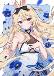 1girl animal_ears bare_arms bare_shoulders blonde_hair blue_bow blue_eyes blue_flower blue_nails blush bow choker closed_mouth dress flower hair_ribbon indie_virtual_youtuber long_hair looking_at_viewer lying on_back petals ribbon sleeveless small_breasts smile solo virtual_youtuber vyugen white_dress yenko yenkoes