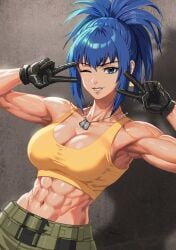 1girls big_breasts blue_hair huge_breasts king_of_fighters leona_heidern light-skinned_female light_skin long_hair military smile smiley_face voluptuous_female yukinoshinf
