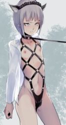 1boy animal_ears blue_eyes bondage collar collarbone contrapposto exhibitionism lavender_hair leash locon maid_headdress navel nipples open_clothes open_shirt shirt solo sweatdrop trap yaoi