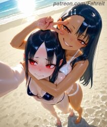 2girls ai_generated alternate_costume arm_around_neck arm_around_shoulder arm_around_waist arm_up armpit_crease asymmetrical_bangs asymmetrical_docking averting_eyes bare_arms bare_legs bare_shoulders barefoot beach behind_another bikini black_bikini black_hair blue_sky blush breast_press breasts breasts_apart brown_eyes caustics cleavage clenched_teeth closed_mouth cloud collarbone color_connection comfyui crossover dark-skinned_female dark_skin day dual_persona dutch_angle ear_blush earclip embarrassed eyelashes fahreit feet fingernails fisheye forehead foreshortening from_above full_body furrowed_brow grin hair_ornament hairclip half-closed_eyes halterneck hand_on_another's_waist hand_up hayase_nagatoro horizon hug hug_from_behind kaguya-sama_wa_kokurasetai_~tensai-tachi_no_renai_zunousen~ large_breasts legs lens_flare lips long_fingernails long_hair looking_at_another looking_at_viewer looking_to_the_side looking_up medium_breasts multiple_crossover multiple_girls nail_polish navel nervous_smile nose_blush ocean one-piece_tan outdoors outstretched_arm pale_skin parted_bangs parted_lips patreon patreon_username perspective pink_nails please_don't_bully_me,_nagatoro raised_eyebrows reaching reaching_towards_viewer red_eyes sand selfie shadow shinomiya_kaguya shiny_clothes shiny_skin shore short_eyebrows shy side-by-side sidelocks skindentation sky small_breasts smile stable_diffusion standing stomach straight_hair strap_gap string_bikini sun sunlight swept_bangs swimsuit taking_picture tan tanlines teeth thighs toenail_polish toenails toes trait_connection upturned_eyes v v_over_eye water wavy_mouth wet white_bikini yuri