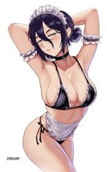 1girl absurdres alternate_breast_size_(larger) apron aqua_eyes armband armpits arms_behind_head arms_up artist_name ass bikini black_bikini blue_hair blush breasts chainsaw_man choker cleavage closed_mouth collarbone commentary double-parted_bangs english_commentary frilled_apron frilled_armband frilled_bikini frills hair_between_eyes hair_bun half-closed_eyes highres large_breasts linea_alba long_bangs long_hair looking_at_viewer maid maid_bikini maid_headdress o-ring o-ring_choker presenting_own_armpit reze_(chainsaw_man) ring_light_reflection side-tie_bikini_bottom simple_background single_hair_bun smirk solo swimsuit thighs thojad twitter_username unconventional_maid waist_apron white_background