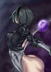 android ass_visible_through_thighs big_ass big_breasts big_butt big_thighs black_suit gloves grey_hair legs leotard natural_breasts nier:_automata posing_for_the_viewer rlyeh_art short_hair space thick_hips white_gloves yorha_2b