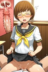 ai_generated chie_satonaka classroom internal_cumshot persona_4 school_uniform sitting_on_lap sitting_on_penis