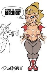 1girls adora big_breasts blonde_female blonde_hair blue_eyes boots breasts_out brown_eyes brown_nipples clothed cum cum_on_body cum_on_breasts cum_on_face digital_art dumpy_ghost horse jacket masters_of_the_universe netflix nipples pants ponytail semen semen_on_body semen_on_chest semen_on_face she-ra_and_the_princesses_of_power swift_wind text unicorn white_background white_girl white_skin