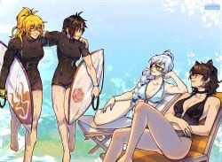 4girls black_hair black_hair_female blake_belladonna blonde_female blonde_hair blue_eyes half-dressed half_naked half_naked_female kiyomi_des long_hair long_hair_female ponytail purple_eyes robotic_arm ruby_rose rwby silver_eyes surfboard swimsuit weiss_schnee wet_body white_hair white_hair_female yang_xiao_long yellow_eyes