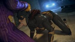 1boy 1girls 3d all_fours animated batgirl batgirl_(arkham_knight) batman:_arkham_knight batman_(series) bodysuit dc dc_comics deepthroat defeated defeated_heroine erection fellatio female forced forced_deepthroat forced_oral head_grab irrumatio joker male no_sound oral oral_rape penis rape reddoe source_filmmaker straight tagme the_joker tight_throat video