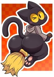 anthro big_butt bottomless broom butt cleaning_tool clothed clothing domestic_cat felid feline felis female google google_doodle hi_res lemonlime looking_at_viewer looking_back looking_back_at_viewer magic_cat_academy magic_user mammal momo_(google) one_eye_closed partially_clothed solo thick_thighs wink winking_at_viewer witch