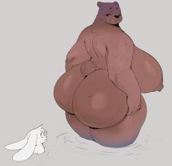 1boy1girl anthro areola_bulge artvilf bear_girl big_breasts fat_ass fat_butt fat_girl giant_ass giantess in_water look rabbit_boy size_difference skinny_dipping skinny_male
