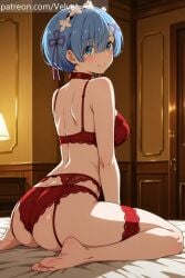 ai_generated blue_eyes blue_hair blushing bra hair_ornament lingerie looking_at_viewer panties perfect_ass re:zero_kara_hajimeru_isekai_seikatsu rem_(re:zero) smiling stockings velvetart