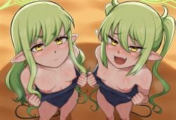 2girls :< ai_generated beach blue_archive blush blushing cute cute_fang ear_blush earrings exposed_breasts exposing_self flat_chest foreshortening from_above frown frowning frowning_at_viewer girls_only green_hair halo hikari_(blue_archive) long_hair looking_at_viewer nipples nozomi_(blue_archive) one-piece_swimsuit one-piece_swimsuit_pull open_mouth petite petite_body petite_female school_swimsuit self_upload sisters small_breasts smile smug smug_face smug_grin smug_smile standing sweat sweatdrop swimsuit swimsuit_pull swimwear tail thighs top_pull topless topless_female twins twintails yellow_eyes