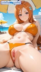 1girls 2026 ai_assisted ai_generated anime beach beach_umbrella bikini bleach blue_sky boobs breasts bust cloud female_genitalia genitals hi_res high_quality high_resolution highres inoue_orihime legs_apart long_hair orange_bikini orihime_inoue parasol patreon patreon_username pussy sky skypassion smile solo spread_legs stable_diffusion swimsuit tits uncensored_pussy uncensored_vagina watermark yellow_bikini
