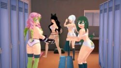asui_tsuyu black_hair blake_belladonna boku_no_hero_academia crossover frog_girl kanroji_mitsuri kimetsu_no_yaiba koikatsu koikatsu_(medium) rwby weiss_schnee white_hair