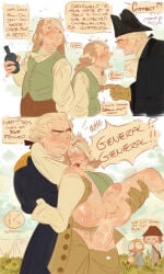 anal blush bodily_fluids bre.guy clothed_sex comic cum drunk english_text gay gay_male gay_sex george_washington hi_res history light_skin multiple_boys muscular_male penetration penis public_sex punishment smaller_male standing_sex sweat yaoi