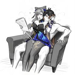 1boy 1girl ai_generated bare_shoulders black_pantyhose blush breasts clothed_female_nude_male cone_hair_bun couch cum detached_sleeves diamond-shaped_pupils diamond_(shape) double_bun dress earrings ejaculation eyeliner eyeshadow female frottage genshin_impact gradient_hair grinding hair_bun hair_ears hetero holding holding_newspaper jewelry keqing_(genshin_impact) keqing_(opulent_splendor)_(genshin_impact) long_hair makeup male medium_breasts multitasking neck_tassel nude official_alternate_costume pantyhose penis pink_eyes projectile_cum sitting sitting_on_lap sitting_on_person spot_color strapless strapless_dress sweat thigh_sex twintails zhongli_(genshin_impact)