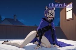 1_girl 1girl adult ai_assisted ai_generated belt cloak collar cowboy_shot ear_piercing forehead_jewel grey_skin hand_on_penis hood leaning_back leotard looking_at_viewer naked night nude on_knees penis purple_cape purple_eyes purple_hair sexually_suggestive shaded_face sky small_penis titans transgender upper_body view_from_behind white_background