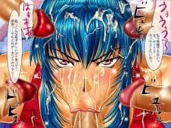 1girls blue_hair circle_max cum_drip fellatio japanese_text king_of_fighters leona_heidern light-skinned_female light_skin long_hair penises purple_eyes sucking sucking_penis