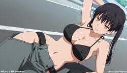 1girl 1girls absurd_res ai_assisted ai_generated anime arm_up ass bikini black_bikini black_gloves black_hair boobs breasts bubble_butt butt curvaceous curvy curvy_figure enen_no_shouboutai fingerless_gloves fire_force high_resolution highres hourglass_figure huge_ass huge_breasts huge_butt kotatsu_tamaki large_breasts light-skinned_female looking_at_viewer lying_on_back open_clothes orange_eyes outdoors pants_down patreon patreon_logo patreon_username ponytail smile thick_thighs thighs voluptuous wide_hips