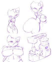 1girl 4chan ass bow breasts cat_ears cat_girl drawfag from_below from_side huge_ass huge_breasts machine moot multiple_views navel o_o shirt sketch skindentation solo