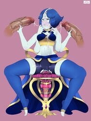 1girls big_penis biting_lip blue_hair blue_skin cum cum_on_face cum_string dark-skinned_male dark_skin dildo dildo_sitting double_handjob finger_to_mouth fusion gem_(species) gem_fusion gemsona gemsona_fusion hair handjob huge_cock jlullaby lapis_lazuli_(steven_universe) multi_arm multi_limb pearl/lapis_lazuli_fusion pearl_(steven_universe) penis pussy pussy_juice sex_machine steven_universe veiny veiny_penis