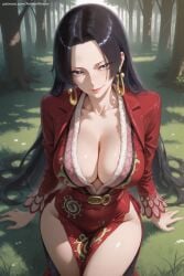 1girl ai_generated arm_support bangs black_hair blue_eyes boa_hancock breasts cleavage closed_mouth collarbone earrings grass hi_res high_quality high_resolution jewelry large_breasts long_hair long_sleeves looking_at_viewer nature one_piece outdoors patreon patreon_username seductive sexy sitting smile solo thighs tree uncensored very_long_hair watermark