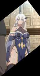 1girls blonde_hair blue_eyes breasts clothing elf_girl large_breasts navel panties pointed_ears screencap thick_thighs thighhighs thighs