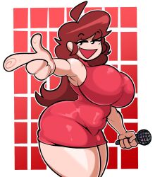 captain_dagon clothed color dress female_only fingers friday_night_funkin girlfriend_(friday_night_funkin) happy_female hi_res hourglass_figure huge_ass huge_breasts looking_at_viewer microphone red_hair sfw smiling_at_viewer solo_female thick_thighs voluptuous wide_hips
