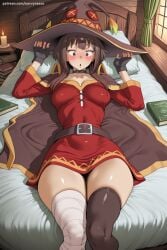 1girl ai_generated bandaged_leg bandages bangs belt black_belt black_gloves black_legwear blush book breasts brown_hair cape choker dress fingerless_gloves gloves hat hi_res high_quality high_resolution kono_subarashii_sekai_ni_shukufuku_wo! looking_at_viewer lying megumin on_back on_bed open_mouth patreon red_dress red_eyes savvyraexo seductive sexy short_hair solo thighhighs uncensored watermark witch_hat