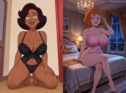 2girls ai ai_generated bed bedroom cleavage comparing danny_phantom donna_tubbs ebony ebony_female family_guy light-skinned_female lingerie lingerie_bra lingerie_panties looking_at_viewer madeline_fenton milf pose posing sexy_lingerie sexy_pose short_hair