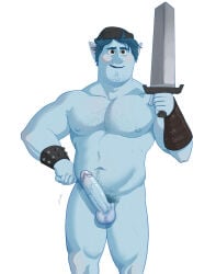 1boy 2020 2d 5_fingers balls barley_lightfoot beanie black_beanie blue_hair blush brown_eyes chest_hair digital_media_(artwork) disney elf erection gabo_artist gay male male_only muscular onward_(2020) pecs penis pixar pubic_hair simple_background solo spiked_bracelet sword veiny_penis weapon white_background