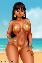 beach big_breasts bikini bracelet cameltoe chel chel_(the_road_to_el_dorado) depth_of_field earrings female golden_bikini hand_on_hip hand_on_own_hip hand_on_own_thigh hand_on_thigh highleg highleg_bikini micro_bikini ocean solo solo_female summer swimsuit the_road_to_el_dorado twitter_username undersized_breast_cup zugalewd