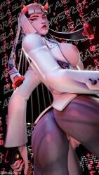 3d 3d_render 6elowzero ass belly belly_button big_ass big_breasts breasts_out female female_focus female_only gun horns light-skinned_female light_skin looking_at_viewer looking_back makeup nipples omnic overwatch overwatch_2 pussy red_eyes red_lipstick shion_(overwatch) solo solo_female solo_focus tagme thighs tits white_body white_hair