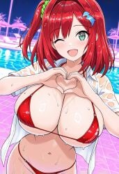 1girls ai_generated big_breasts breasts dolphin_wave green_eyes large_breasts open_mouth pool red_bikini red_hair sakimiya_iruka wink