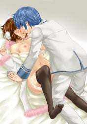 1boy 1girl bad_id bad_pixiv_id black_thighhighs blue_hair blush bra breasts brown_hair closed_eyes couple feet hamura_mayu hetero kaito_(vocaloid) lingerie lying meiko nipples no_shoes on_back panties project_diva project_diva_(series) project_diva_extend short_hair thighhighs toes underwear vocaloid