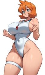 1girl ai_generated aqua_eyes bangs blue_eyes blue_one-piece_swimsuit blue_swimsuit blush breasts busty cleavage clenched_hands closed_mouth clothing competition_swimsuit covered_navel curvaceous female female_only green_eyes groin hair_between_eyes hands_up highleg highleg_swimsuit huge_breasts kasumi_(pokemon) large_breasts lips long_sleeves looking_at_viewer misty_(pokemon) misty_(pokemon_hgss) multicolored multicolored_clothes multicolored_swimsuit navel one-piece_swimsuit orange_hair pokemon shiny_clothes shiny_skin short_hair sideboob skindentation smile solo sportswear standing swimsuit tank_suit taut_clothes thick_thighs thigh_strap thighs two-tone_swimsuit whistle whistle_around_neck white_one-piece_swimsuit white_swimsuit wide_hips