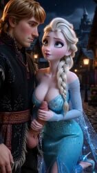 ai_generated arendelle braid braided_ponytail clothed_female disney disney_princess elsa_(frozen) frozen_(film) handjob kristoff_(frozen) looking_at_partner looking_up outdoors