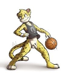 alternate_version_available anthro balls barefoot basketball bottomless cheetah clothed clothing dribbling feline flaccid grin humanoid_penis iztli jersey looking_away male male_only mammal penis signature solo uncut young