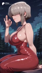 1girl 1girls absurd_res absurdres ai_generated arm_behind_back ass bare_shoulders big_ass big_breasts blurred_background blurry blurry_background blush breasts cartoon cartoony cleavage cloud collarbone covered_navel depth_of_field dress fellatio_gesture female female_focus from_side grey_hair hair_over_eyes hand_up handjob_gesture hi_res high_quality high_resolution highres large_ass large_breasts lips long_bangs night night_sky odexai outdoors parted_lips red_dress shiny_clothes shiny_skin short_hair sideboob sidelocks sitting sky sleeveless sleeveless_dress small_waist smile solo solo_focus straight sweat teeth thick_thighs thighs thin_waist tight_clothes tight_dress tree uzaki-chan_wa_asobitai! uzaki_yanagi wide_hips