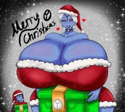 2girls alien_girl chocker christmas gigantic_breasts santa_hat smuggerssmuggs tau warhammer_40k