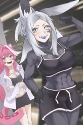 2girls abs animal_ear_fluff animal_ears blurry blurry_background breasts cleavage dya_rikku_(vtuber) grey_eyes grey_hair indie_virtual_youtuber long_hair looking_at_viewer midriff multiple_girls muscle muscular_female navel open_mouth pink_hair ponytail raora_panthera sharp_teeth shirt silver_hair tail teeth virtual_youtuber vyugen