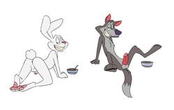 1boy all_fours anthro anus ass backsack balls bedroom_eyes bowl breakfast canine cereal cereal_mascot chest_tuft chip_the_wolf food fur half-closed_eyes inviting lagomorph looking_at_viewer looking_back male male_only mammal nude penis presenting presenting_hindquarters rabbit rear_view rotten_robbie seductive sitting smile solo spoon trix_rabbit tuft white_fur wolf