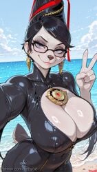 1girl ai_generated bayonetta bayonetta_(character) beach black-framed_eyewear black_bodysuit black_hair bodysuit breasts cleavage covered_navel covered_nipples day decurse earrings eyeshadow glasses huge_breasts jewelry lips looking_at_viewer makeup mole mole_under_mouth ocean outdoors reaching_towards_viewer ribbon selfie shiny sky smile solo v water