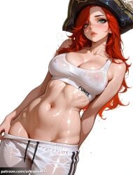 1girl ai_generated arlequin097 arm_behind_back artist_name bare_shoulders black_headwear blush breasts cleavage clothes_pull collarbone covered_nipples drawstring freckles green_eyes groin hat large_breasts league_of_legends league_of_legends:_wild_rift lips long_hair looking_at_viewer miss_fortune navel nipples no_panties pants pants_pull parted_lips patreon_username pirate_hat pulled_by_self red_hair riot_games see-through shiny_skin simple_background solo sports_bra stomach sweat sweatpants sweaty_clothes toned track_pants wet wet_clothes white_background white_pants white_sports_bra yoga_pants