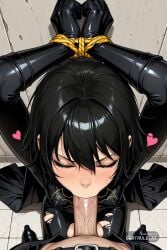 1girl ai_assisted ai_generated anime_screencap back_against_wall balls_deep belt blowing_kiss cape cassandra_cain dc_comics deep deepthroat dominated face_fuck facing_viewer gloves hands_tied_above_head heart heels high_quality highres leaning_forward multicolored_bodysuit petite_body pov ripped_clothes simple_background sitting_on_knees skinny small_breasts small_tits tiny_tits young
