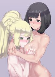 2girls abs areolae blush breast_grab breasts cute evuoaniramu female female_only human human_only lillie_(pokemon) mizuumi_(bb) nipples nude pokemon pokemon_sm selene_(pokemon) shy topless yuri