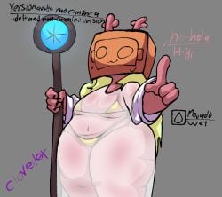 big_belly big_butt big_thighs bikini box box_on_head clovedex_(artist) deer deer_girl deer_horns deltarune deltarune_chapter_2 dress female gold_bikini golden_bikini magic magic_wand micro_bikini noelle_holiday oblivious text translucent translucent_clothing transparent_clothing wand wet wet_clothing