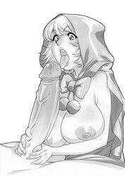 1boy 1girls baby_bonnie_hood breasts bulleta cum daikon_(artist) darkstalkers duo erection fellatio female highres hood huge_cock large_breasts male monochrome nipples open_mouth oral penis precum solo_focus straight tongue tongue_out traditional_media veins veiny_penis