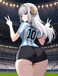 1girls ai_generated argentina aurora_atria back_view big_ass butt butt_focus female female_only fogine grey_hair horns latam_virtual_youtuber lefolk light-skinned_female light_skin long_hair looking_at_viewer purple_eyes shorts thighs virtual_youtuber vtuber world_cup