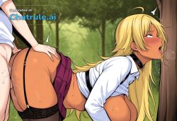 1girl ai_assisted ai_generated beautiful_eyes cock_in_pussy collar cowgirl creampie detailed_background detailed_eyes embarrassed harness inside leaning_forward moaning outside parted_bangs pussy_sex rolling_eyes saliva shaking side_view skirt stockings tree white_shirt